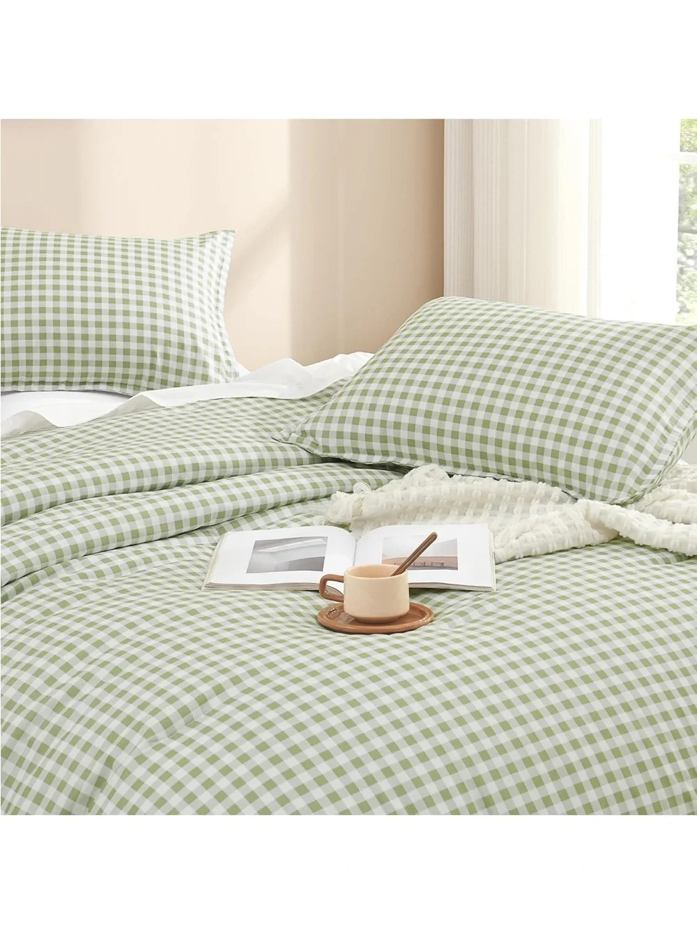NEW Sage Gingham Comforter Set, Green Checkered, 3 Pieces. Full